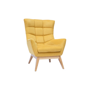 Fauteuil scandinave en tissu effet velours texturé jaune moutarde et bois clair BRODY