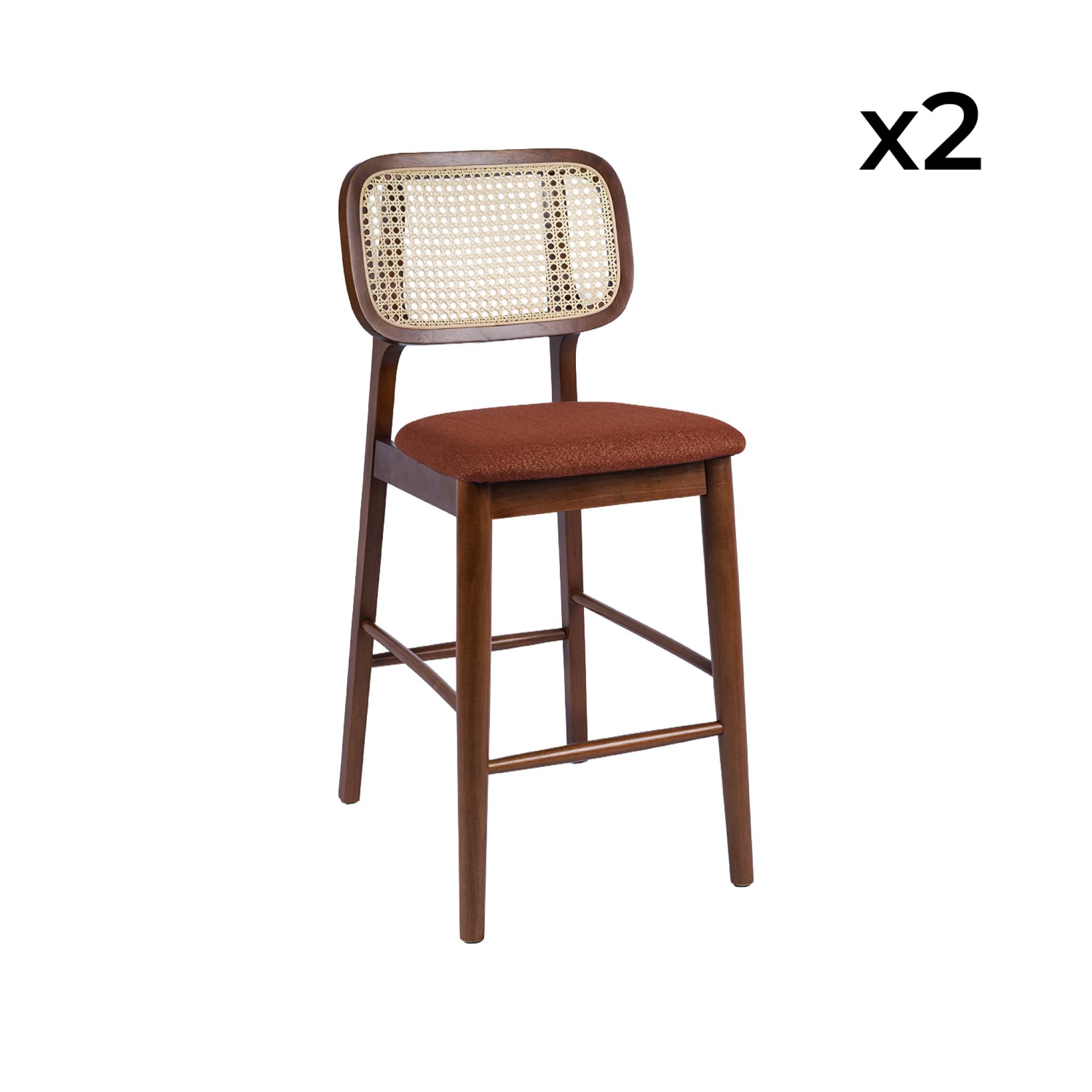Tabouret de bar vintage bois d'hévéa cannage et tissu 66,5cm (lot de 2) MANI