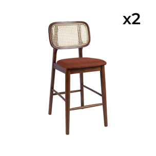 Tabouret de bar vintage bois d'hévéa cannage et tissu 66,5cm (lot de 2) MANI
