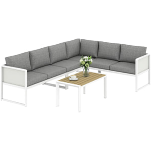 Conjunto de Muebles Jardín Exterior de 4 Piezas Sofá Exterior Seccional Forma de L con 3 Sofás de 2 Plazas Asiento de Textilene Mesa con Tablero Efecto Madera WPC Cojines Gris Claro y Blanco
