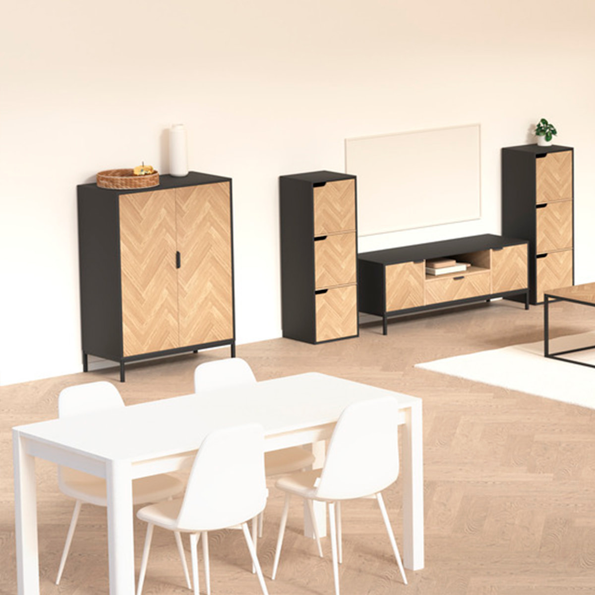 Cabinet "Chevrons" 2 portes effet pin naturel et noir 110x80cm
