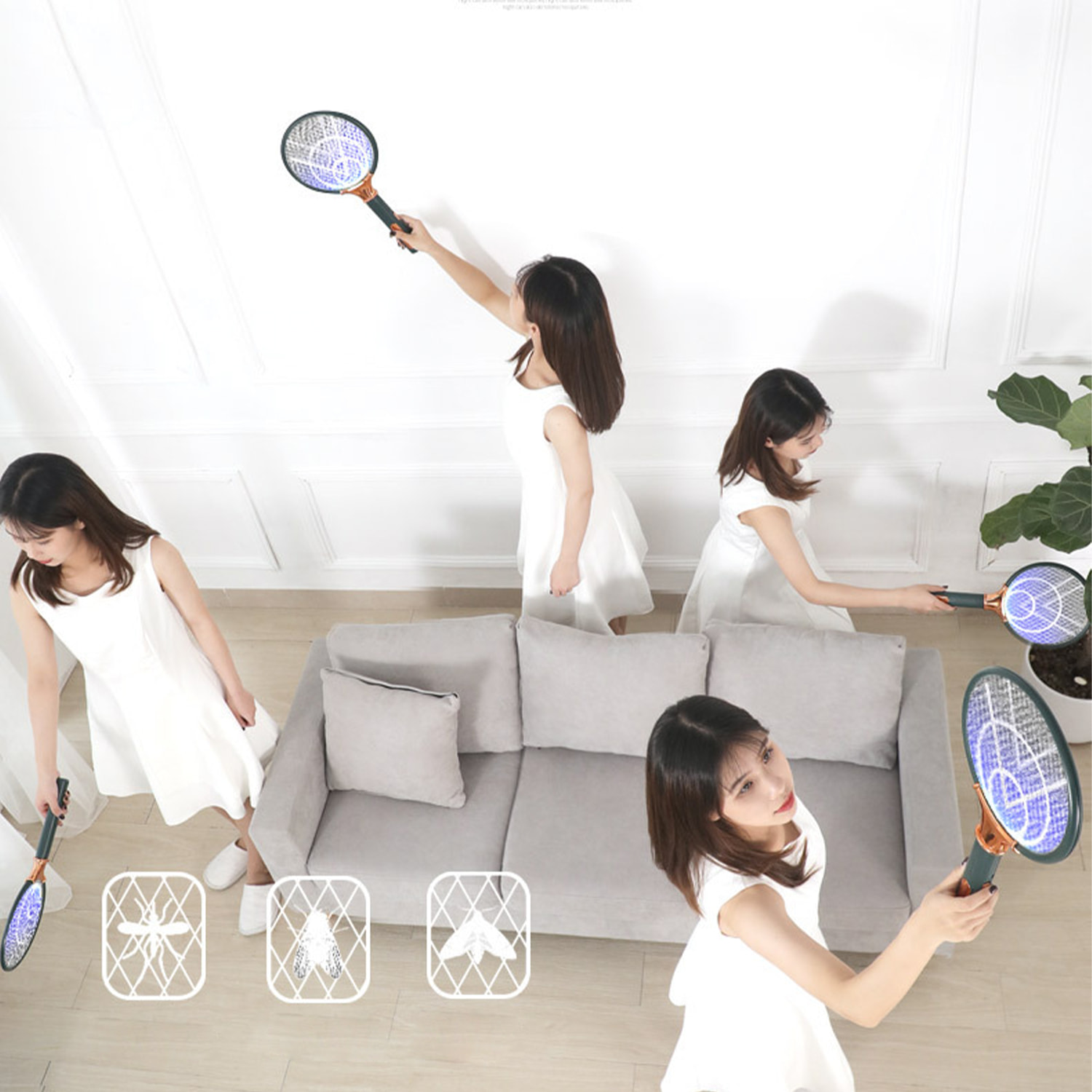 Racchetta elettrica intelligente per uccidere zanzare. Batteria al litio incorporata. Luce di 360-400 NM. Efficace contro mosche, zanzare e falene.