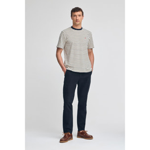 Maglietta a righe blu marino e beige con monogramma ricamato