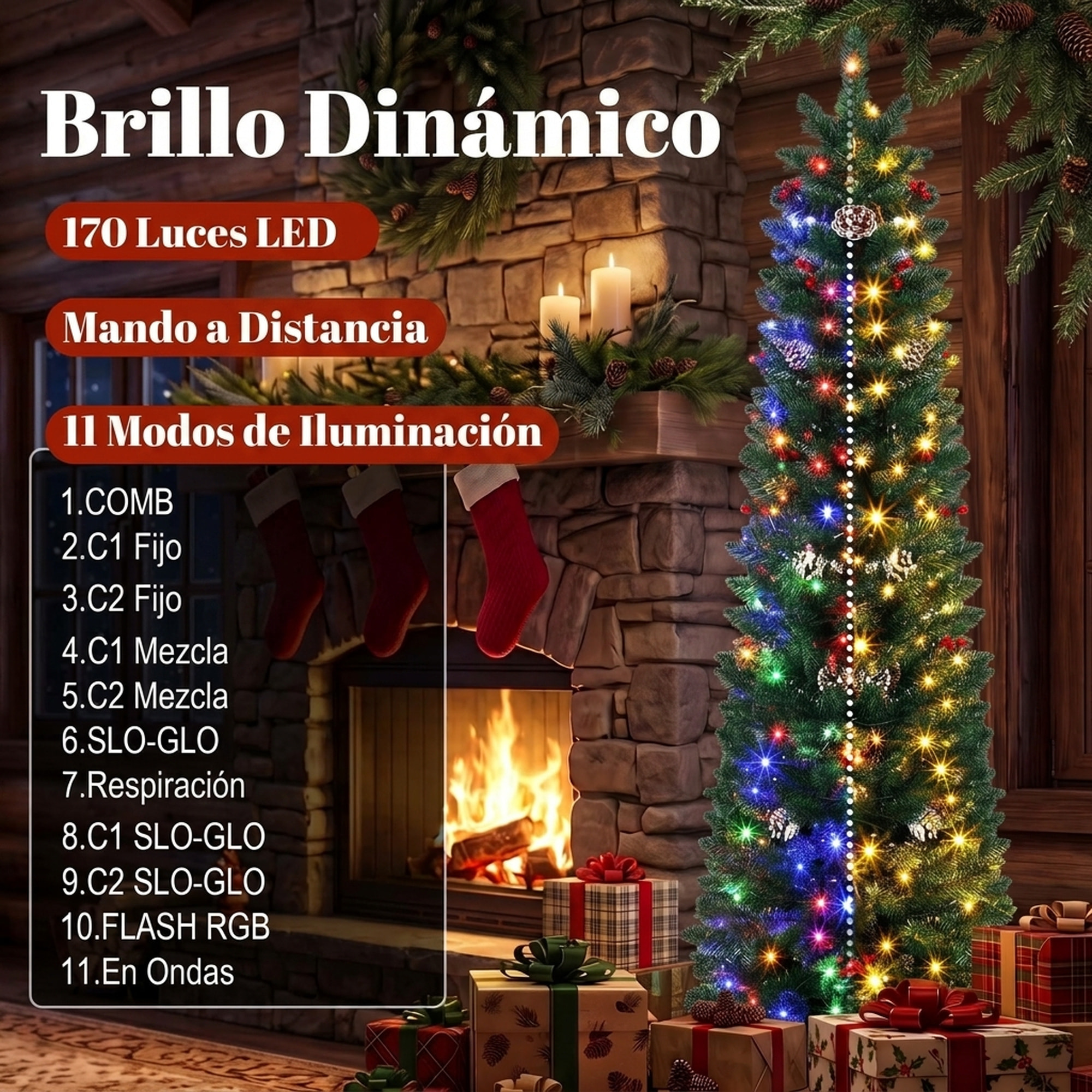 Árbol de Navidad Estrecho con 170 Luces LED Bicolor, 180 cm, Árbol de Navidad de Abeto, 351 Ramas Ignífugas, 11 Modos, 25 Piñas, 25 Bayas Rojas, Mando a Distancia, Estructura de Acero, Verde