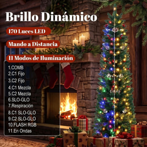Árbol de Navidad Estrecho con 170 Luces LED Bicolor, 180 cm, Árbol de Navidad de Abeto, 351 Ramas Ignífugas, 11 Modos, 25 Piñas, 25 Bayas Rojas, Mando a Distancia, Estructura de Acero, Verde