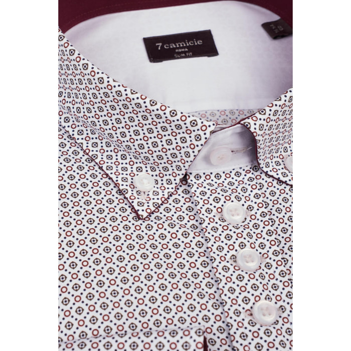 Camicia Uomo 1 Bottoni Button Down Slim Popeline Stampato Bianco e Verde Militare
