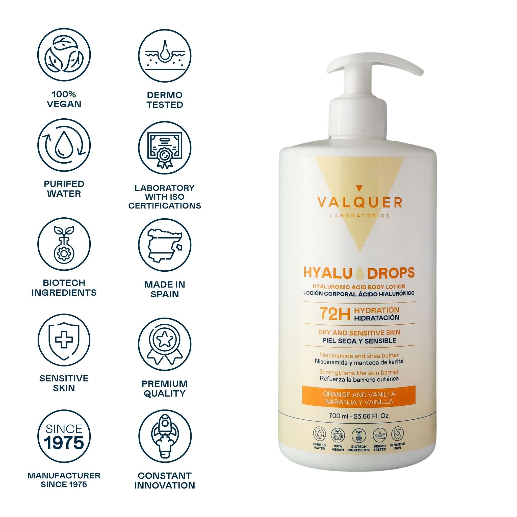 Valquer Hyaludrops Loción Corporal Naranja y Vainilla – Hidratación 72H - 700 ml