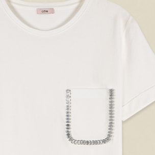 Oltre - T-shirt con taschino bordato di cristalli - Bianco