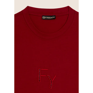 T-shirt Girocollo con Ricamo Traforato del Logo