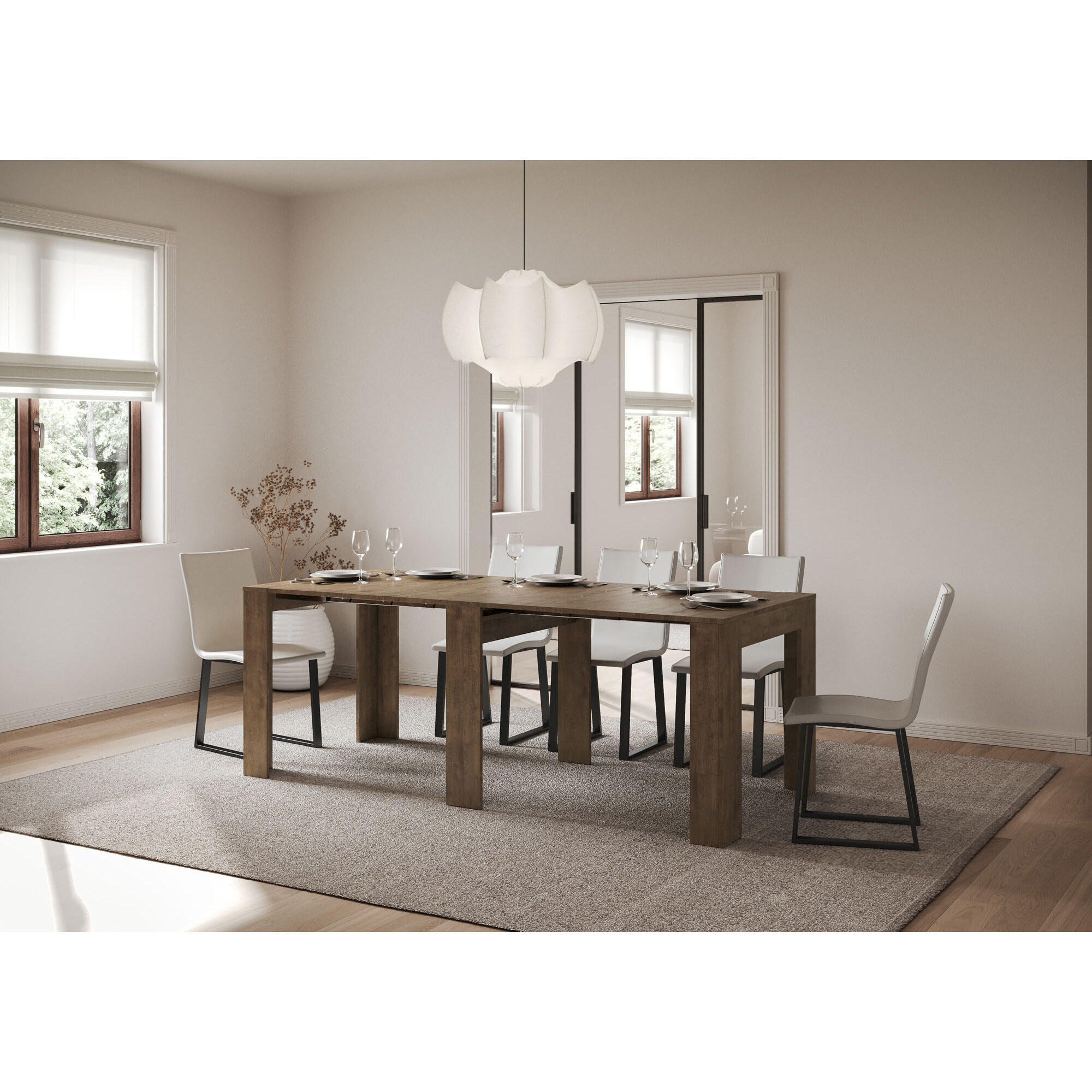 Console extensible 90x42/302 cm Evolve Frêne Blanc rallonges internes avec bancs inférieur et supérieur