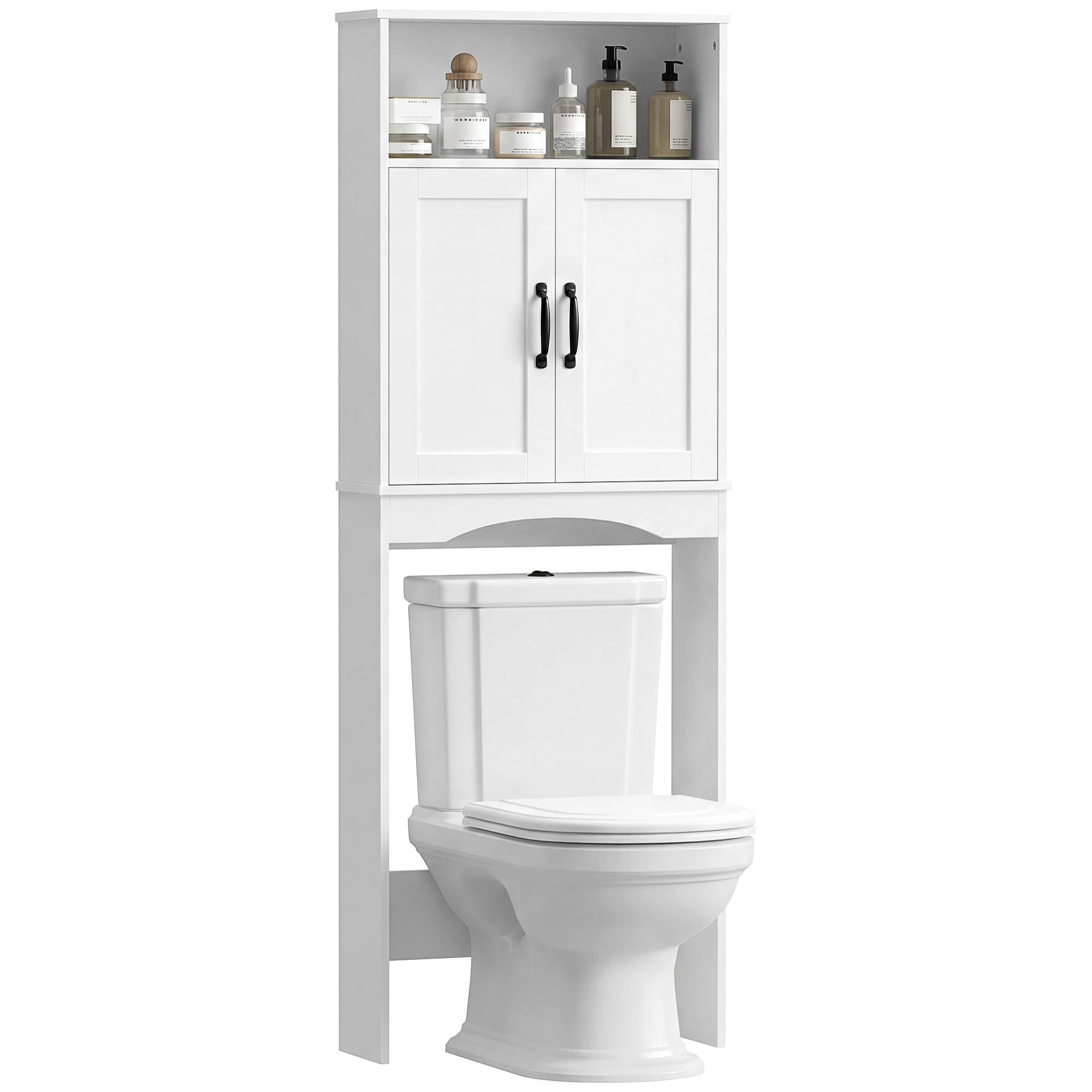 Mueble sobre Inodoro, Armario sobre Inodoro, Mueble de Baño con 2 Puertas de Cierre Silencioso, Estante Abierto para Lavanderías, Espacios Pequeños, 64x21x173,5 cm, Blanco