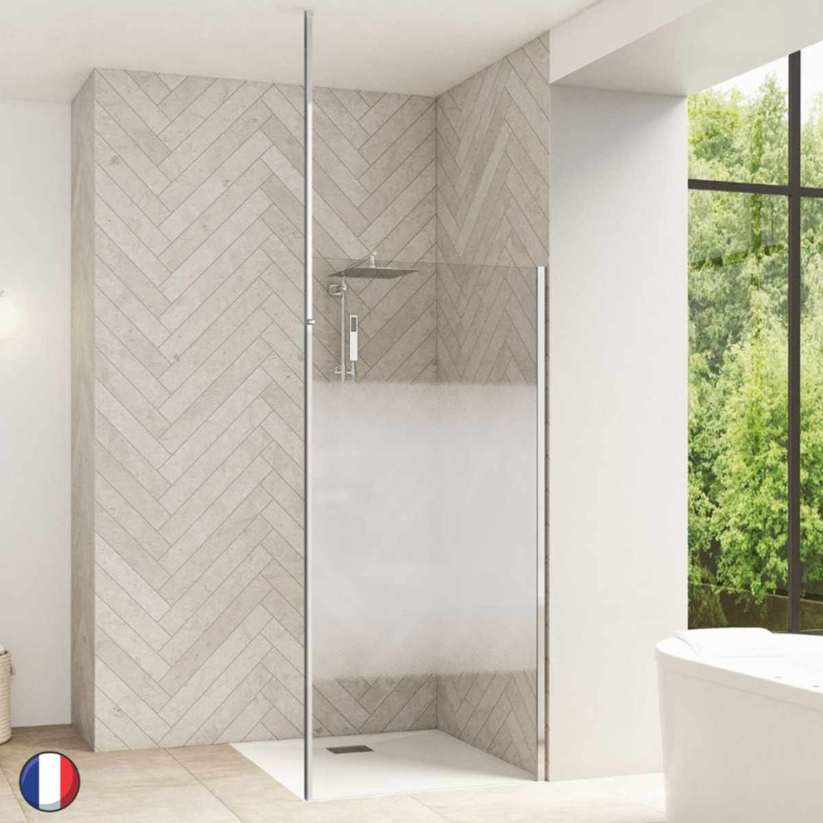 KINEDO Paroi de douche fixe Smart Design solo verre sérigraphie Cosmos avec mât 198,3 x 130 chromé