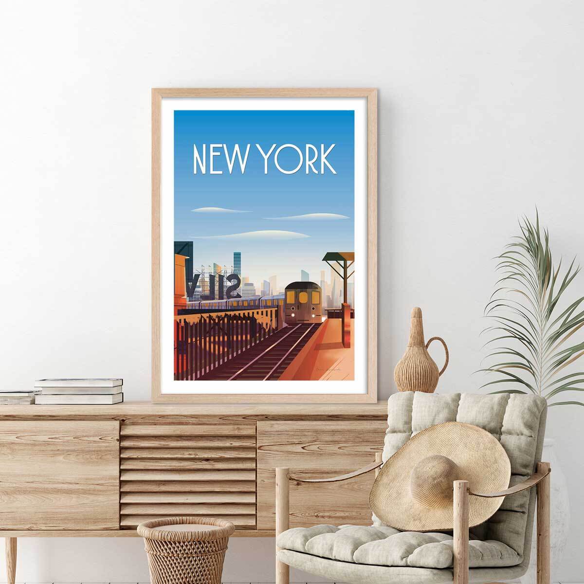Affiche ville voyage New York City Affiche + cadre en bois - Chêne