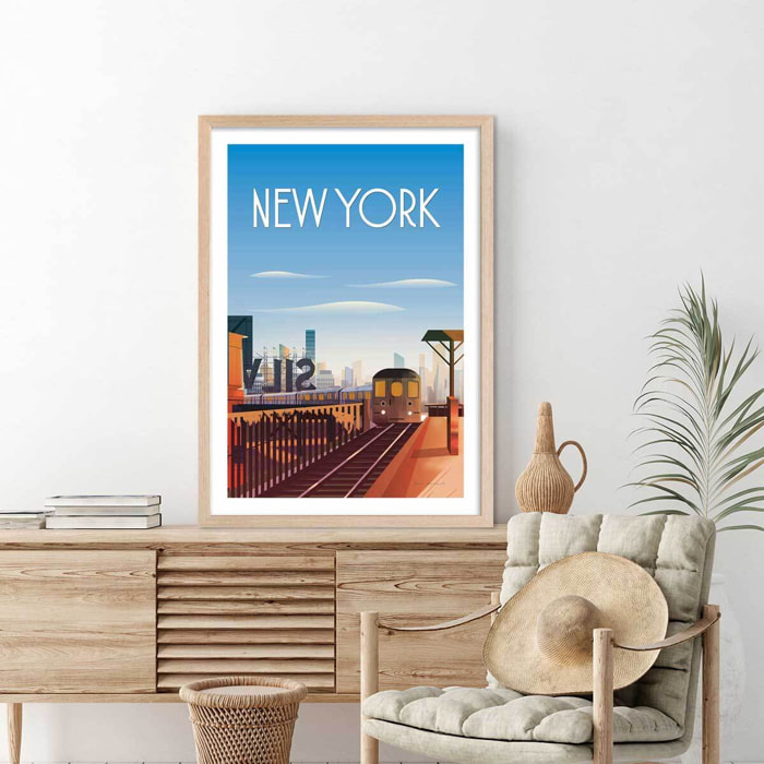 Affiche ville voyage New York City Affiche + cadre en bois - Chêne