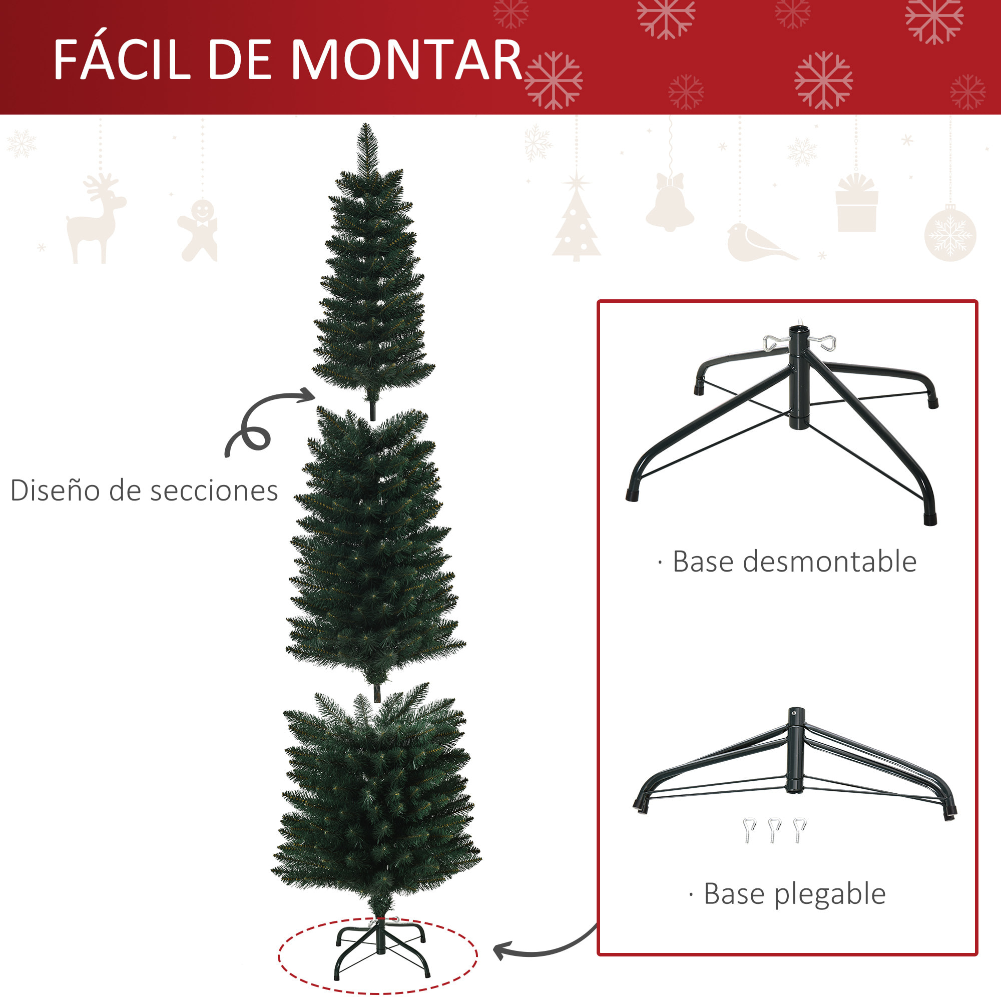 árbol de Navidad Artificial Altura 180 cm Ignífugo con 380 Ramas Hojas de PVC