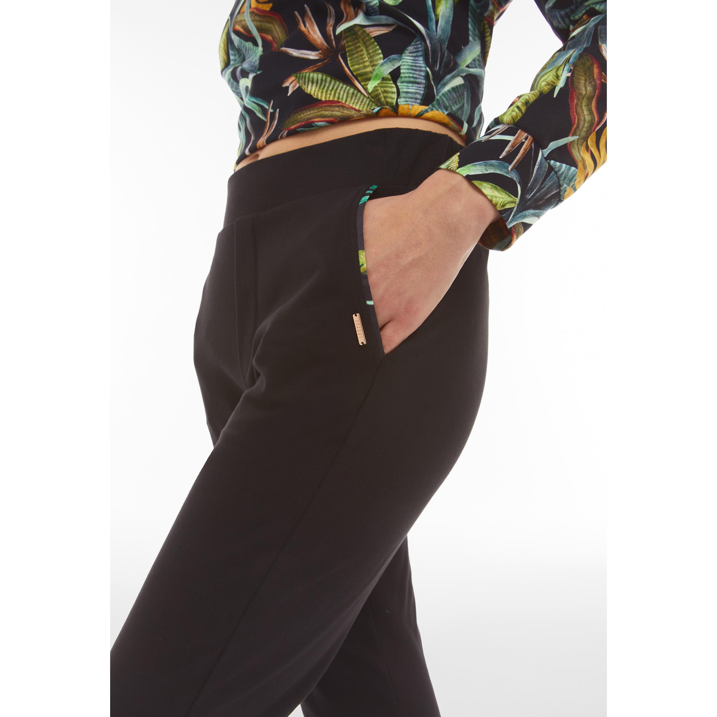 Pantaloni donna in jersey stretch con dettagli tropical