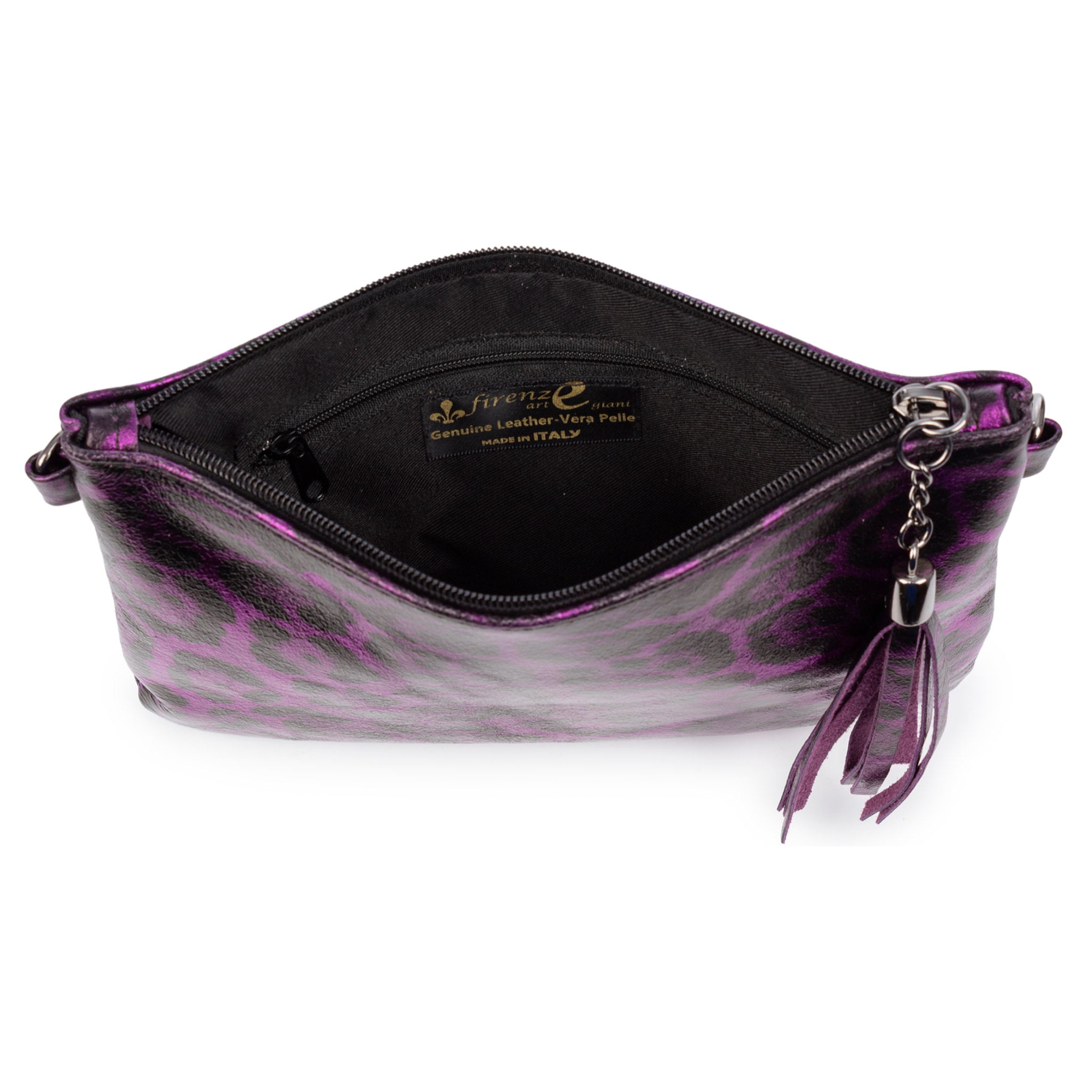 Oleggio bolso bandolera mujer. Piel auténtica Gamuza con estampado de animal print leopardo y lacada brillante.