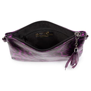 Oleggio bolso bandolera mujer. Piel auténtica Gamuza con estampado de animal print leopardo y lacada brillante.