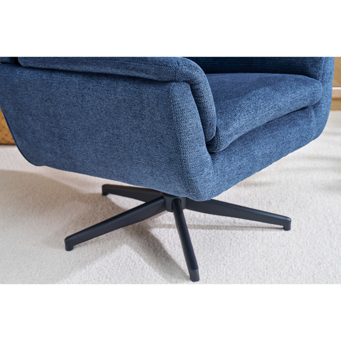 Fauteuil pivotant en tissu chenille bleu foncé et métal noir JONAH