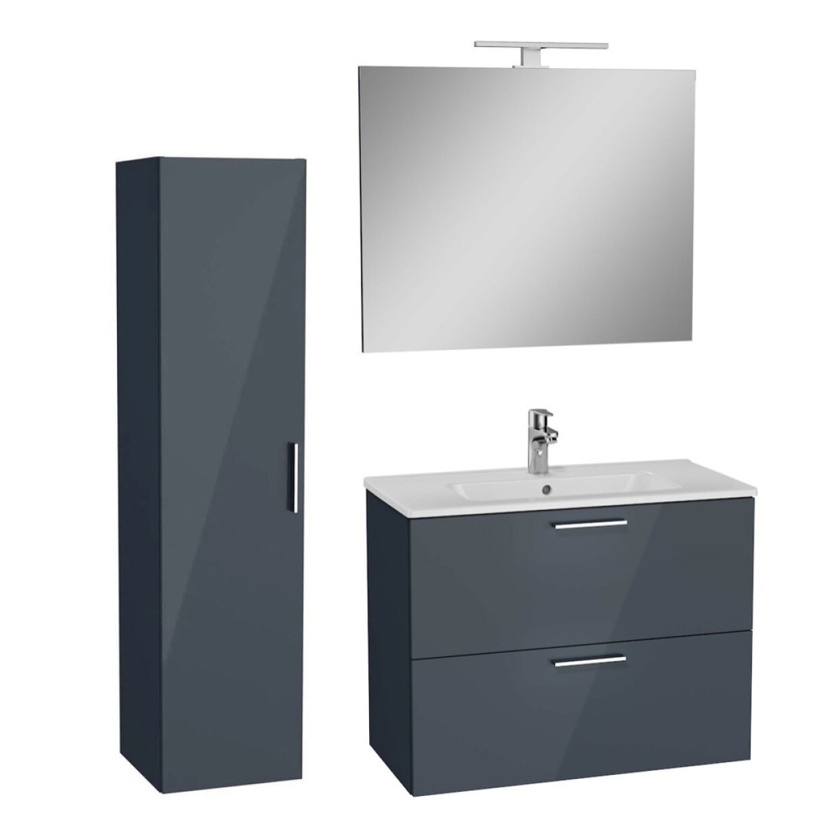 Set Mia ensemble meuble 79x61x39,5 cm  avec miroir, lavabo, éclairage LED + armoire 145x35x35cm, Anthracite brillant