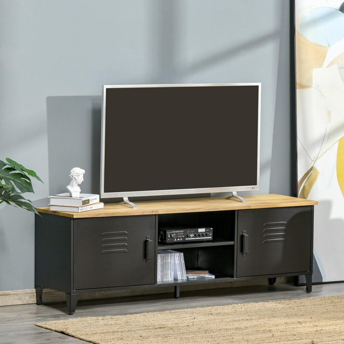 Meuble TV banc TV design industriel - 2 placards, 2 niches, 2 passe-fils - structure piètement tôle métal plateau bois d'hévéa
