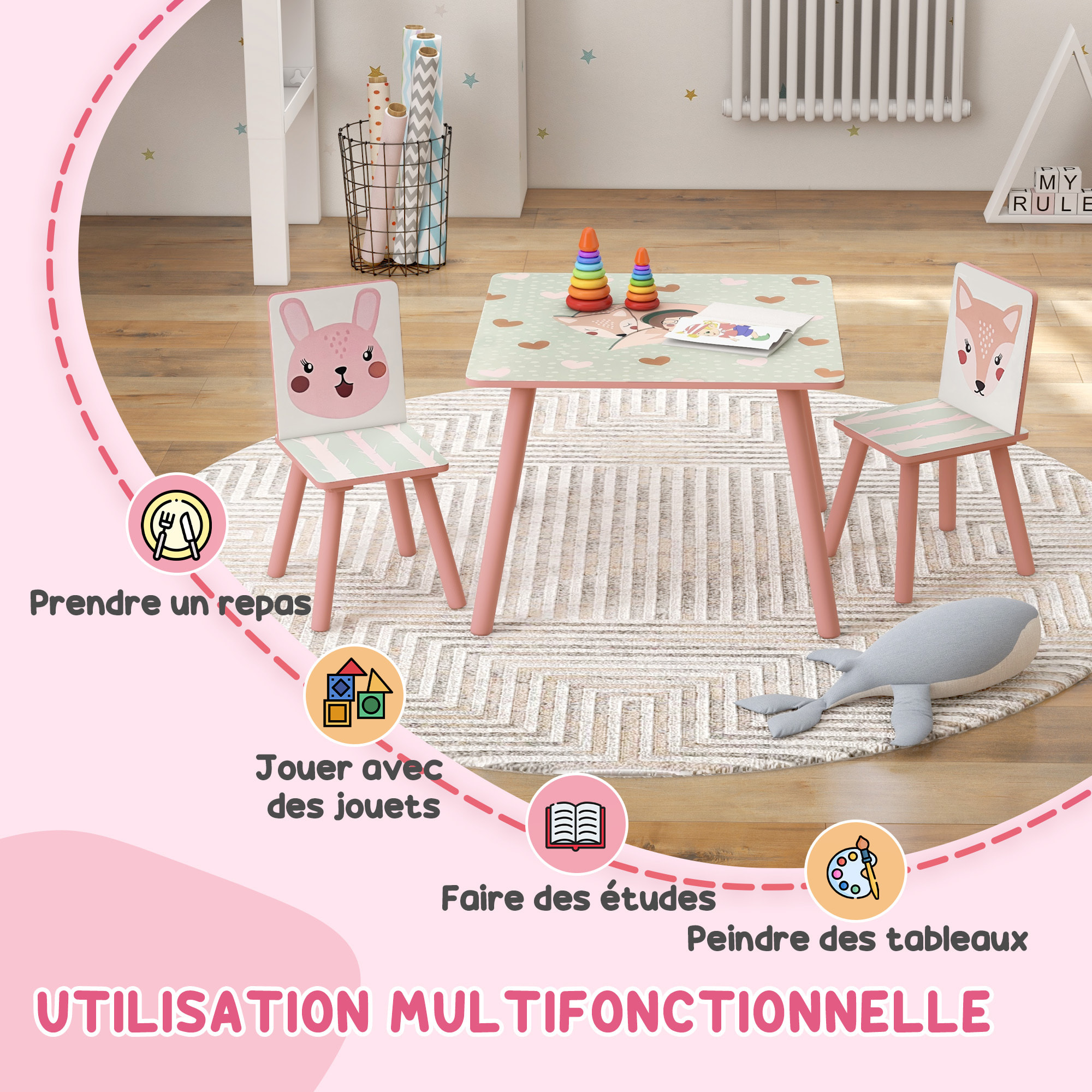 Ensemble table et chaises enfant motif renards lapin - table carrée + 2 chaises - bois pin MDF rose