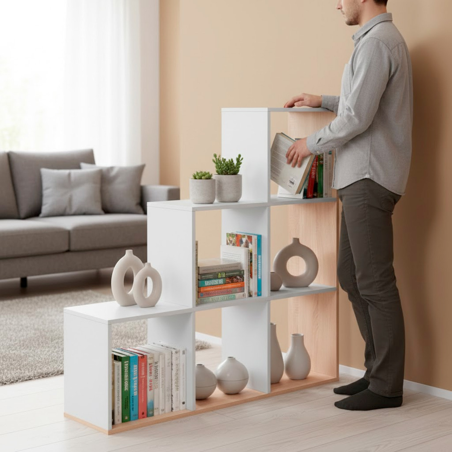 Libreria Con Vani Scaffale Salvaspazio Mobile Da Parete Con 6 Vani E 4 Ripiani Design Moderno Soggiorno Studio 110 x 108 x 29 Cm Bianco e Rovere