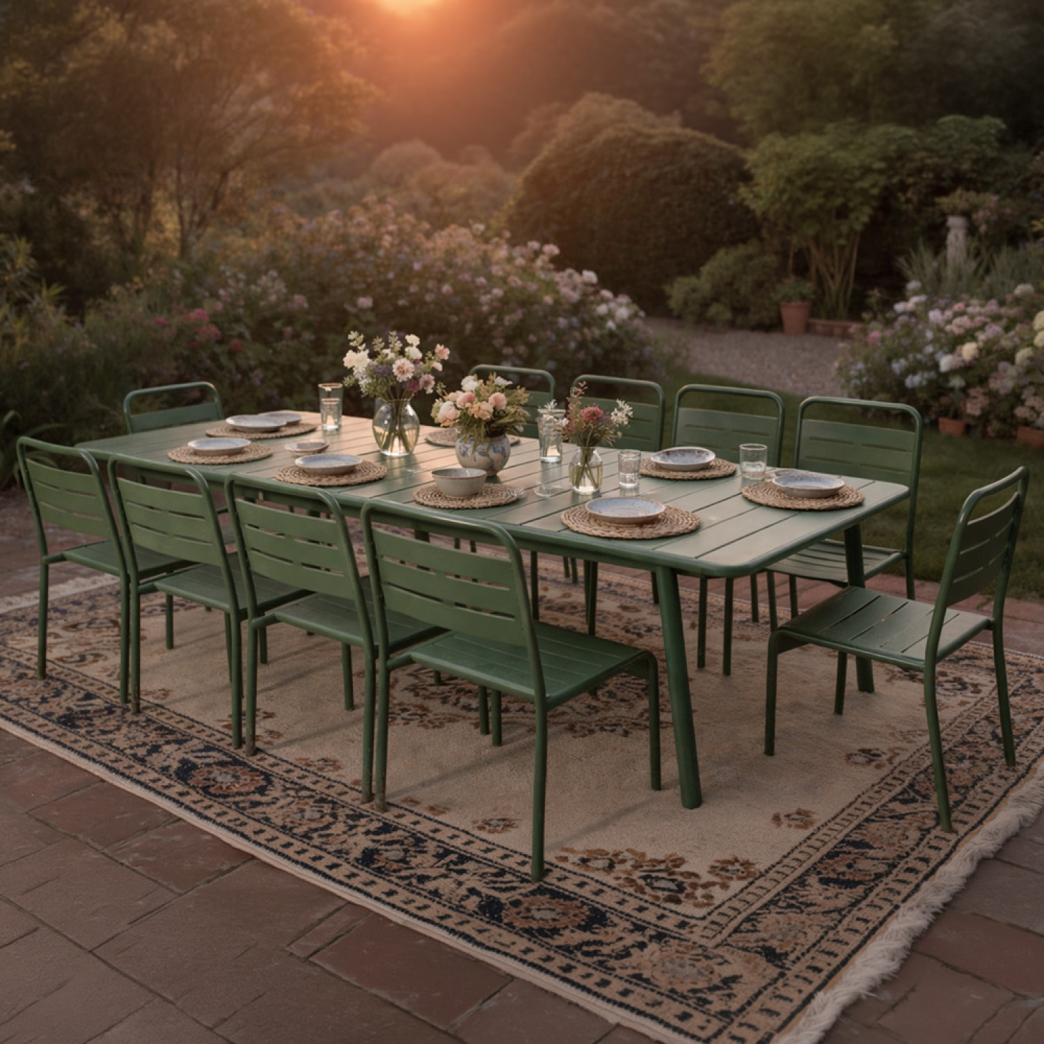 Ensemble table de jardin 234 cm et 10 chaises vert EVORA