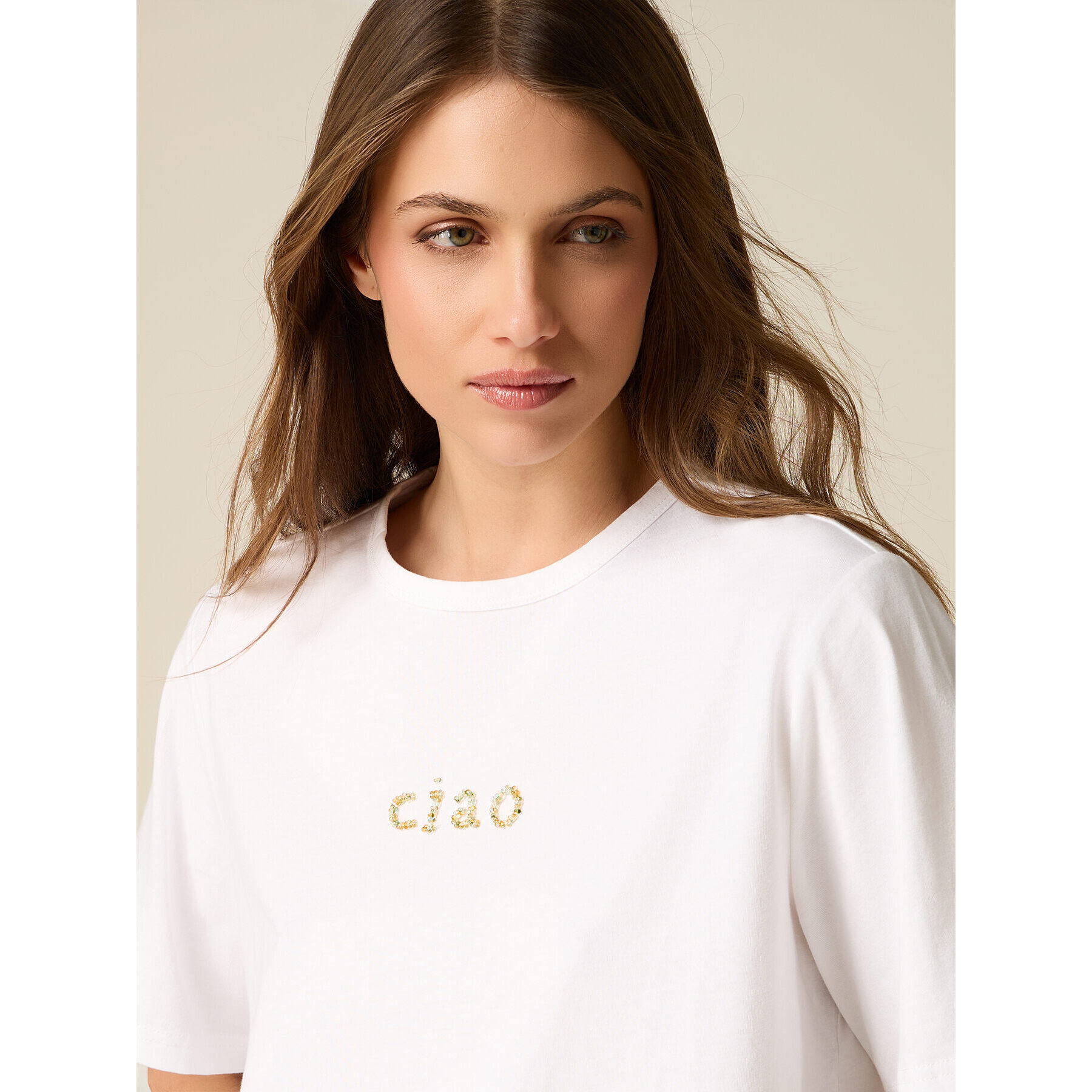Oltre - T-shirt boxy in cotone con ricamo gioiello - Bianco