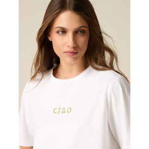 Oltre - T-shirt boxy in cotone con ricamo gioiello - Bianco