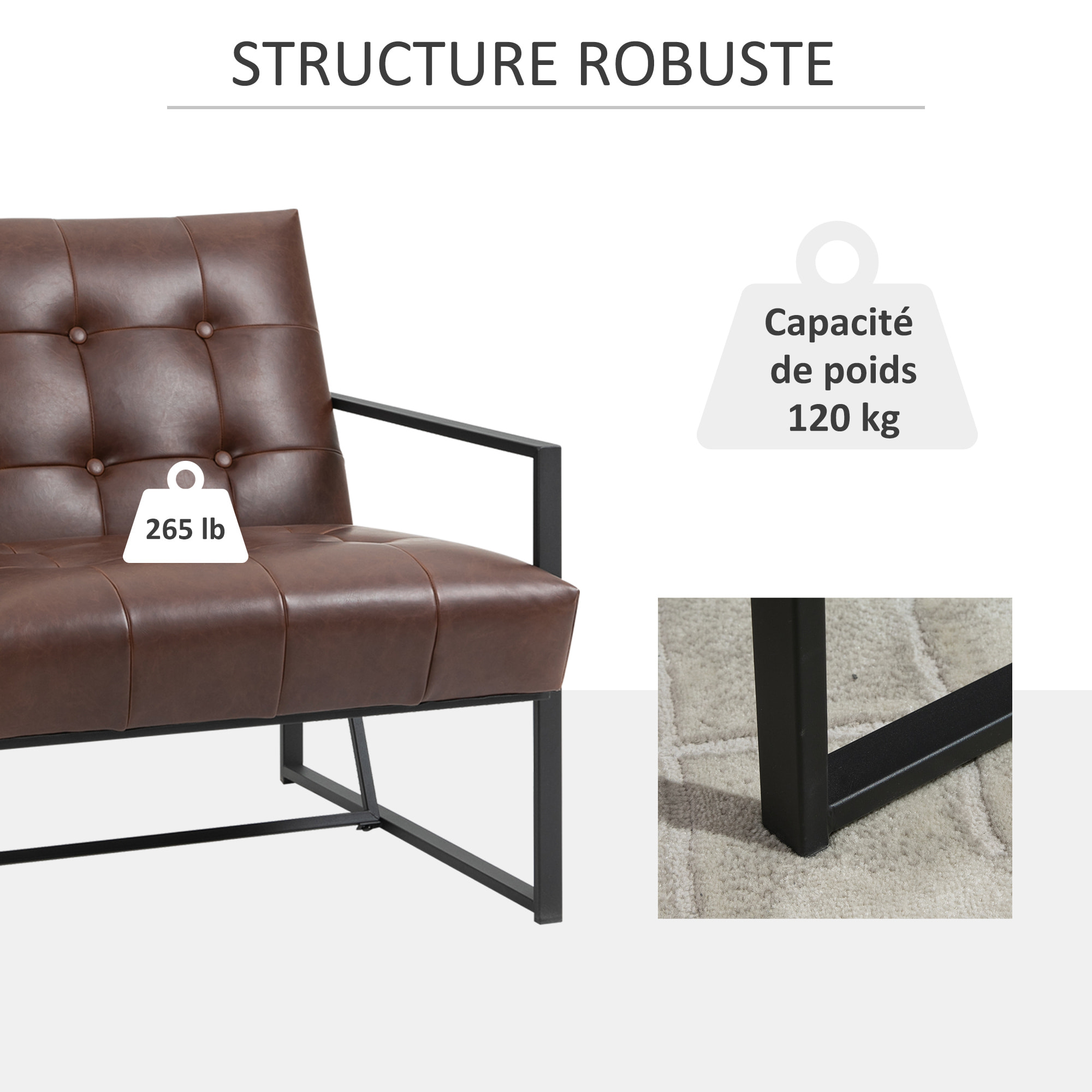 Fauteuil lounge Chesterfield assise dossier capitonnés structure métal noir revêtement synthétique chocolat