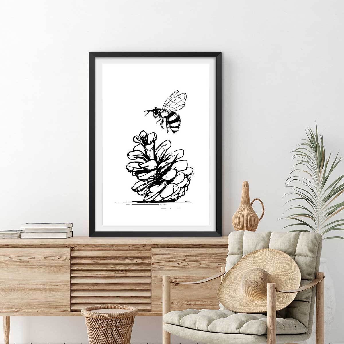 Poster pomme de pins et abeille Affiche sous cadre noir