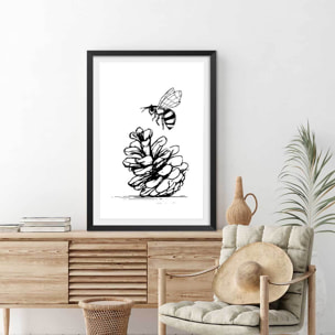 Poster pomme de pins et abeille Affiche sous cadre noir