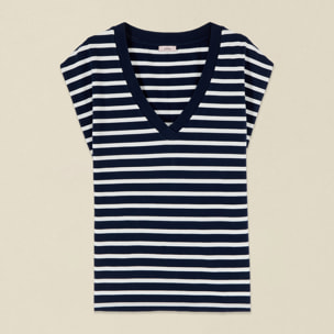 Oltre - T-shirt scollo a V a righe - Blu