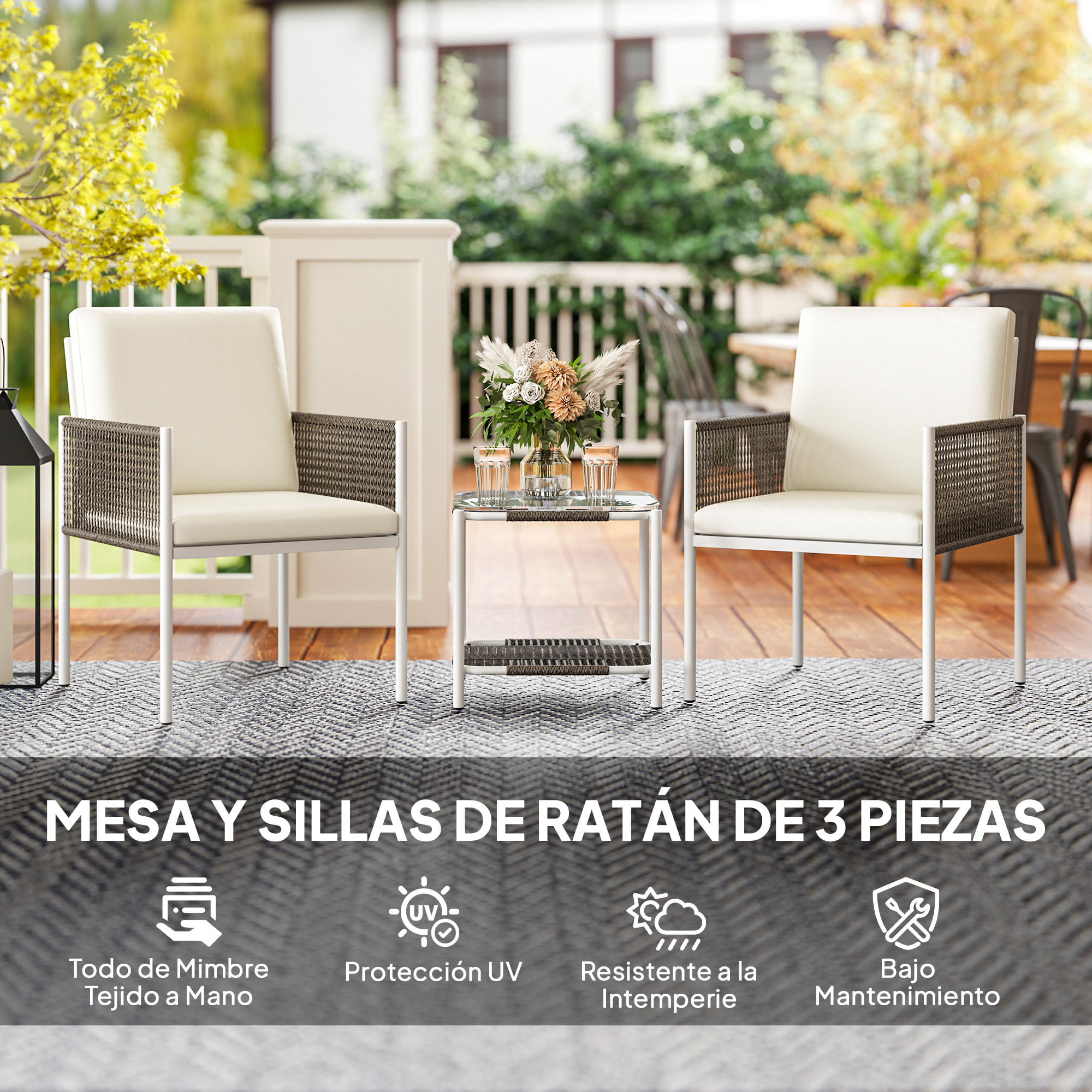 Conjunto de Jardín Exterior de 3 Piezas Juego de 2 Sillas y Mesa de Ratán con Cojines Acolchados y Encimera de Vidrio para Balcón Terraza Marrón y Crema