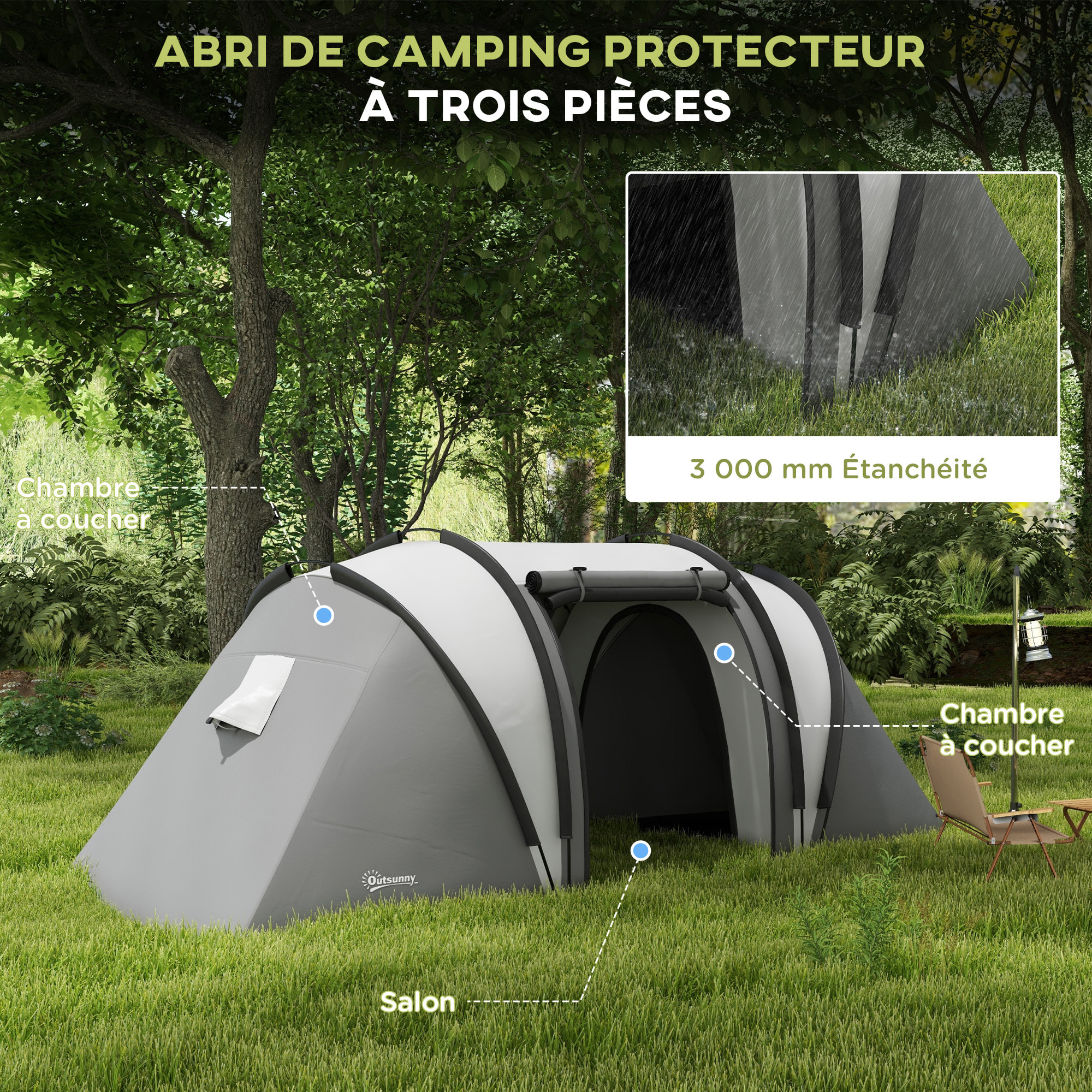 Tente de camping familiale 4-5 pers. 2 chambres 3 fenêtres sac gris