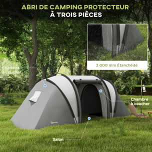 Tente de camping familiale 4-5 pers. 2 chambres 3 fenêtres sac gris