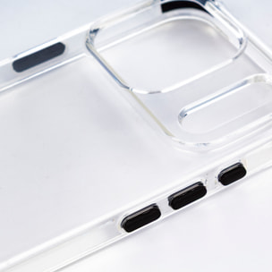 Carcasa transparente con relieve protector para cámara, esquinas reforzadas negras, antichoque y antihuellas Magsafe para iPhone 17 Pro.