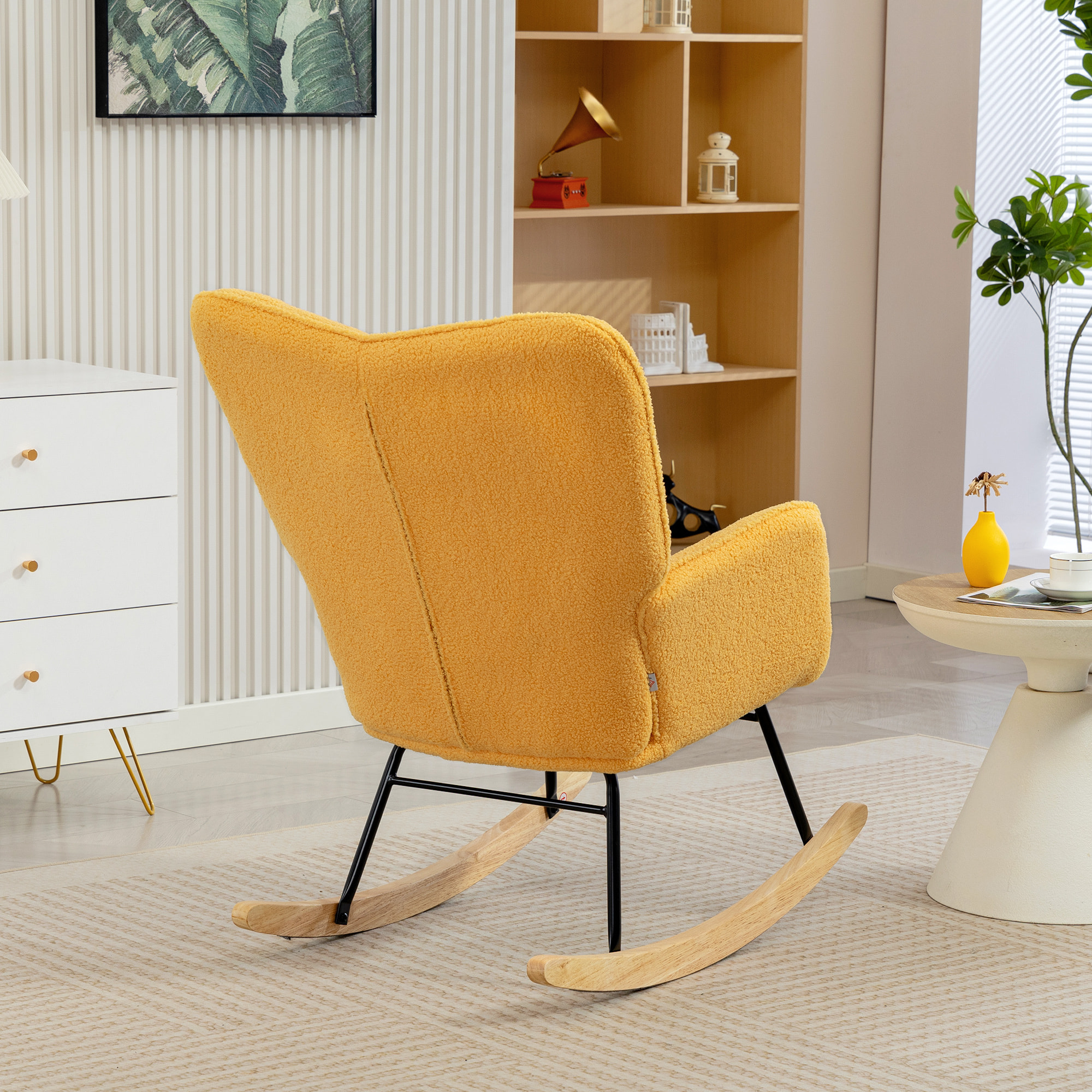 Silla Mecedora, Mecedora de Borreguito con Respaldo Alto, Patas de Madera de Haya, Reposabrazos, Estilo Moderno, Sillón de Lactancia, Carga 120 kg, para Dormitorio, Salón, Amarillo
