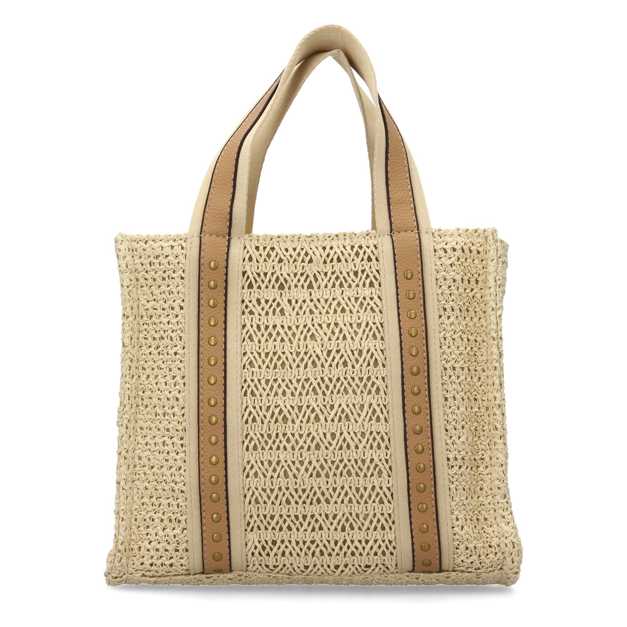 Bolso de hombro para mujer de rafia, diseño moderno con adornos metalicos.