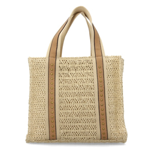 Bolso de hombro para mujer de rafia, diseño moderno con adornos metalicos.