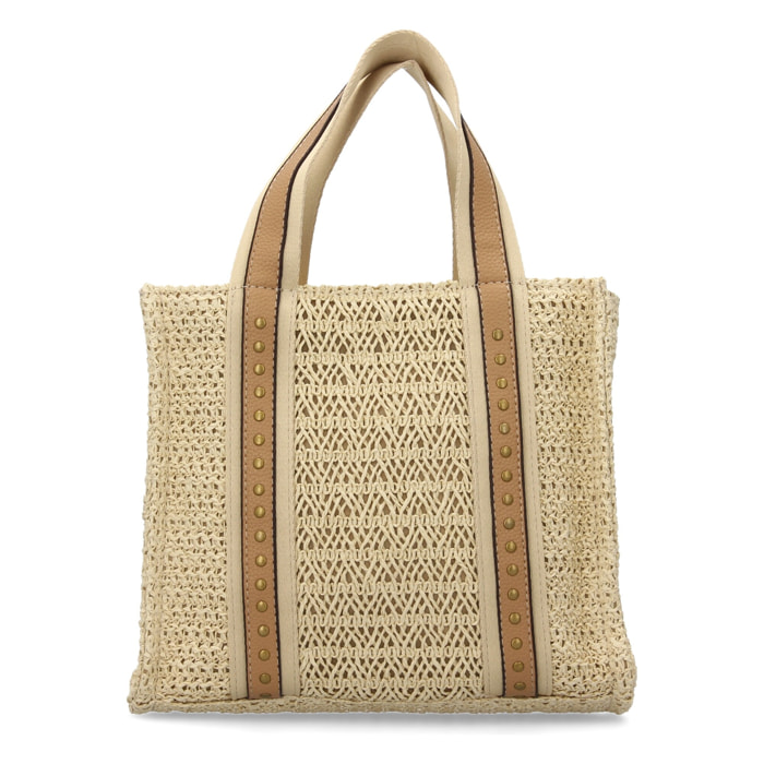 Bolso de hombro para mujer de rafia, diseño moderno con adornos metalicos.