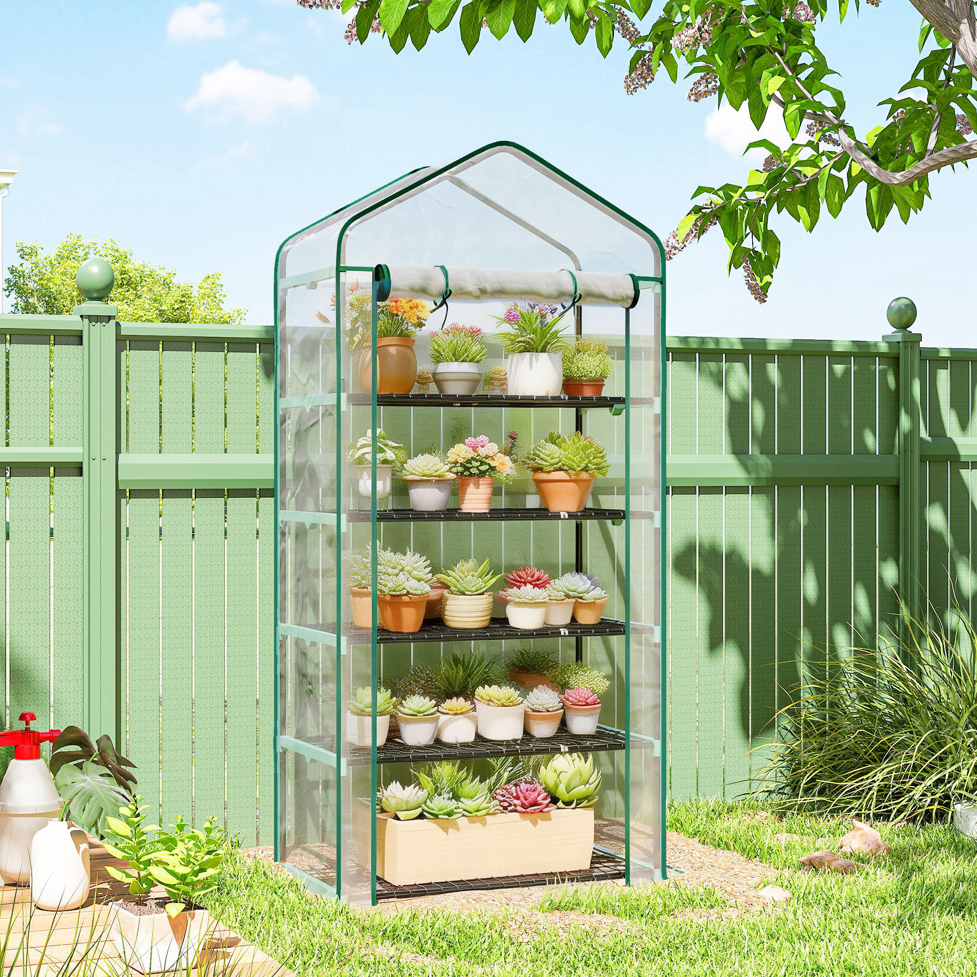 Serre de jardin balcon 5 niveaux porte acier PE transparent