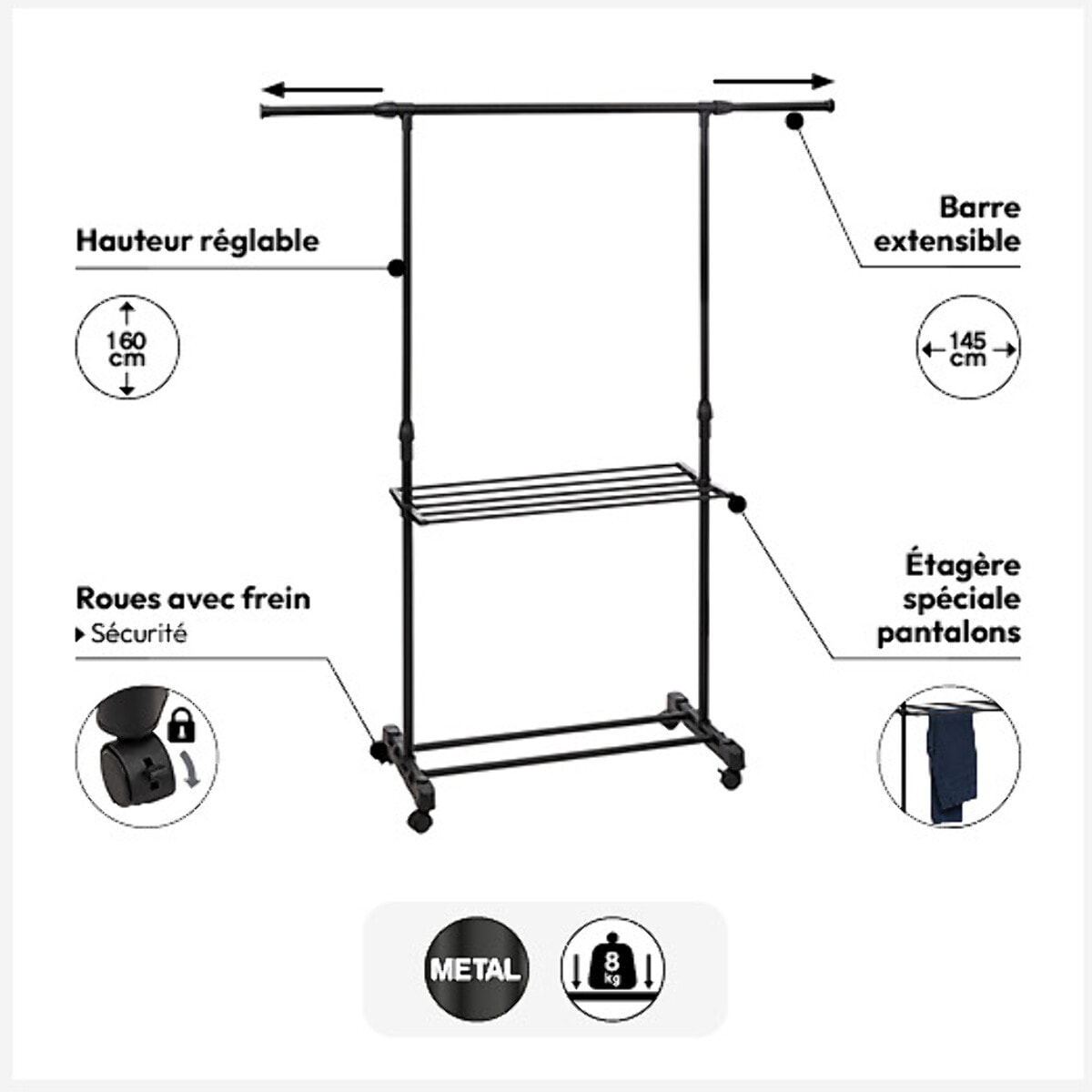 Portant à vêtements avec étendoir à roulettes