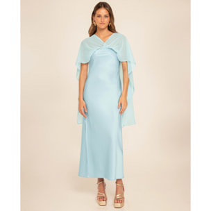 Vestido midi satinado con escote palabra de honor y capa de gasa multiposición