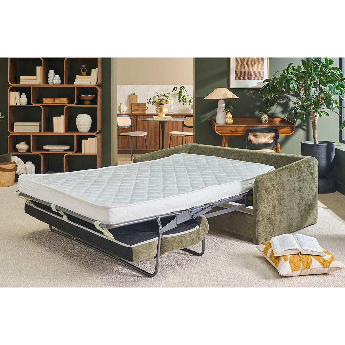 Canapé convertible 2 places en tissu effet velours texturé vert kaki PAULIN