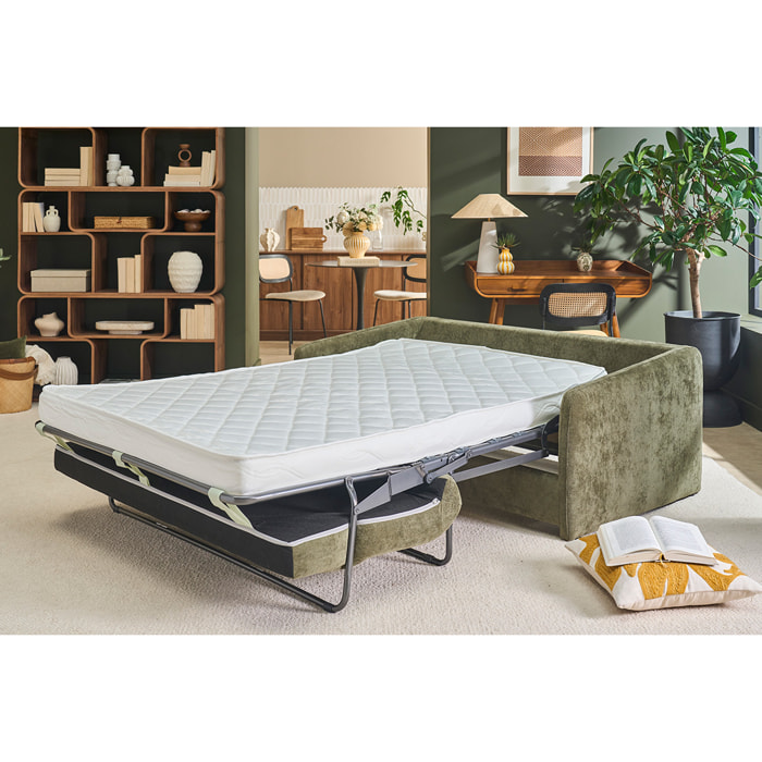 Canapé convertible 2 places en tissu effet velours texturé vert kaki PAULIN