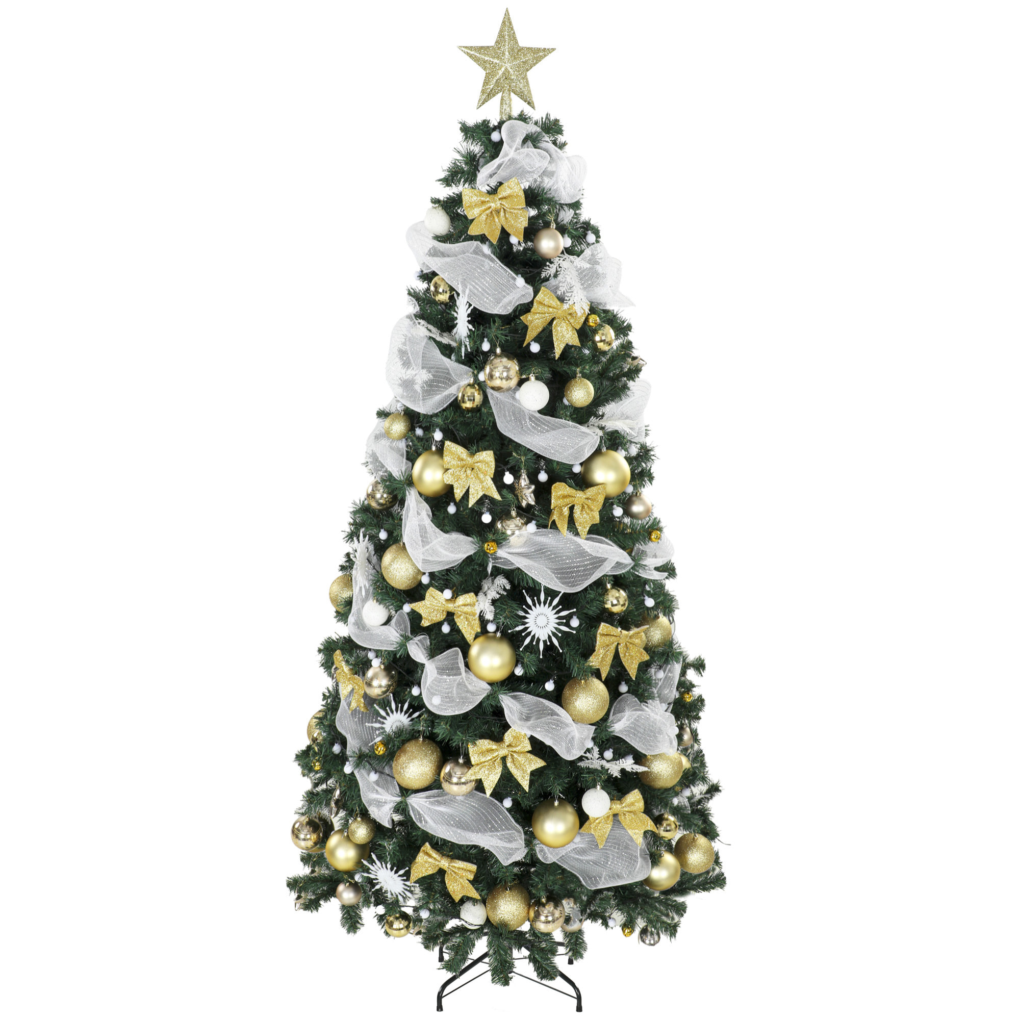 HOMCOM Árbol de Navidad con 250 LED Blanco Cálido, 230 cm, Árbol de Navidad Predecorado, 1136 Ramas, 8 Modos, Bolas, Cintas y Lazos, Mando a Distancia, Base Metálica Plegable, Funciona con USB, Verde