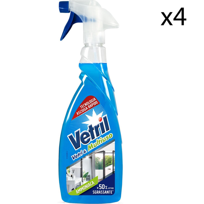 4x Vetril Vetri e Multiuso Detergente Spray Sgrassante con Ammoniaca e Tecnologia Asciuga Rapido Senza Risciacquo - 4 Flaconi da 650ml