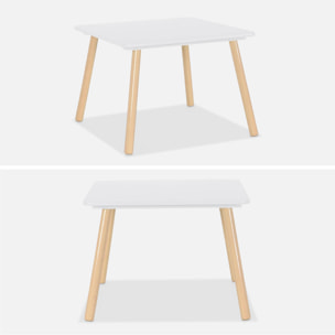 Table carrée enfant avec 2 chaises. pieds en pin. blanc